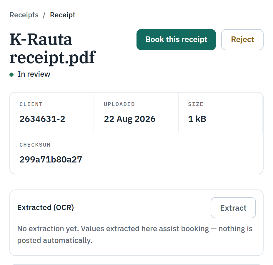 A receipt detail screen in the app, showing its status as In review, its client, upload date, size and checksum, and the Book this receipt and Reject actions above an unstarted OCR extraction panel.