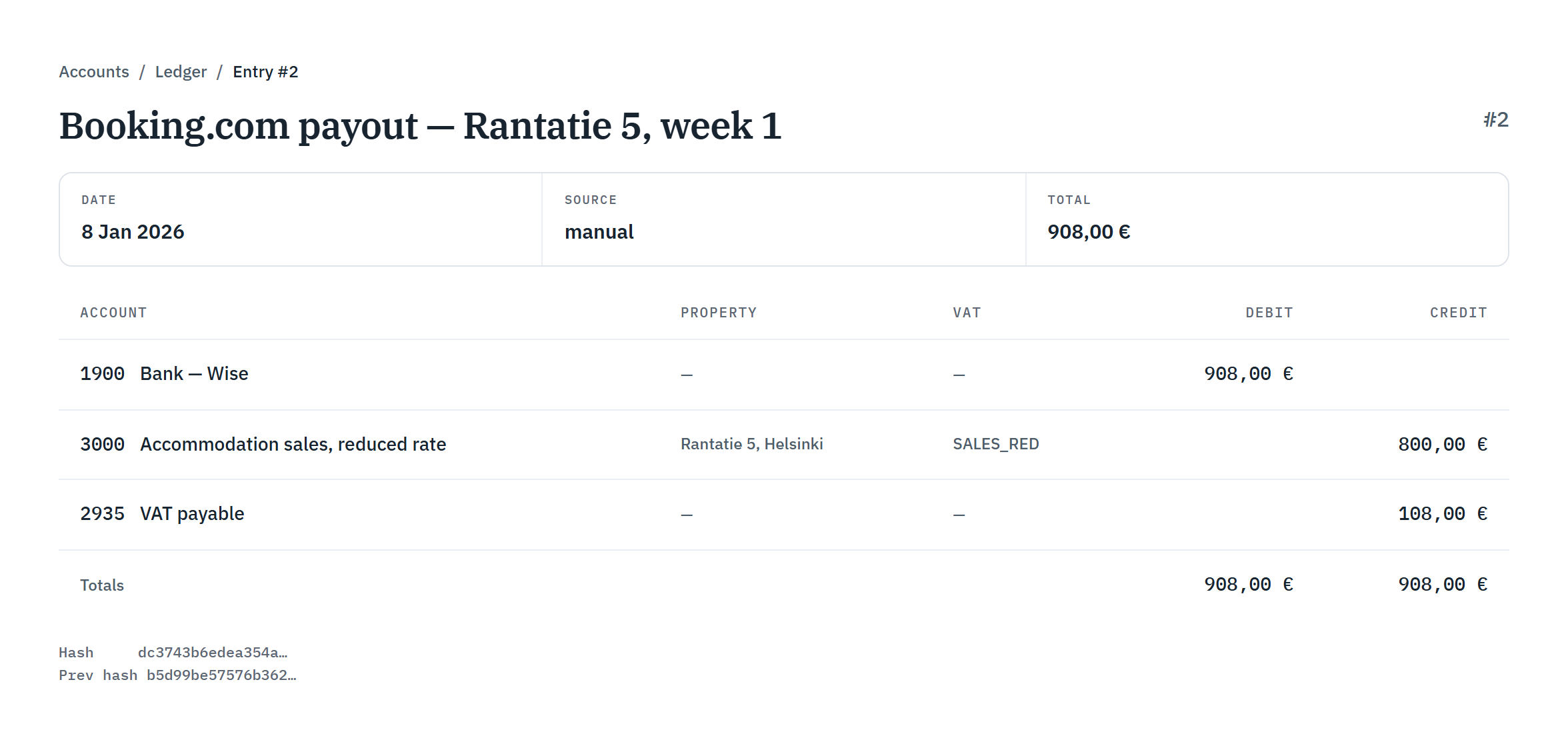 A posted ledger entry in the app, showing its account lines, VAT and totals, and the entry's hash and previous-hash values.