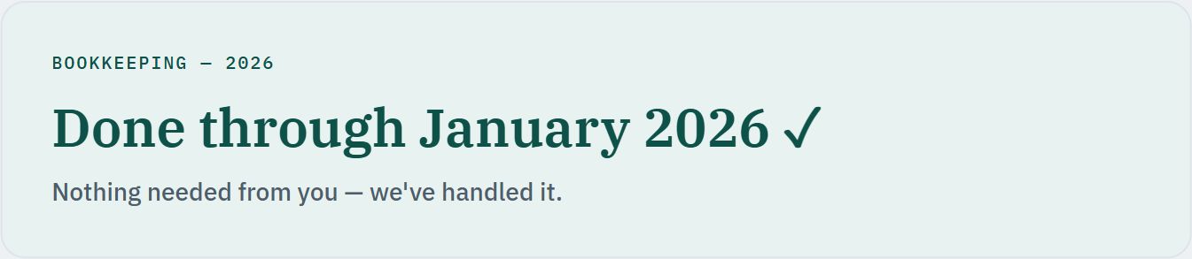 The top of the customer portal, reading Bookkeeping 2026, Done through January 2026, and Nothing needed from you — we've handled it.